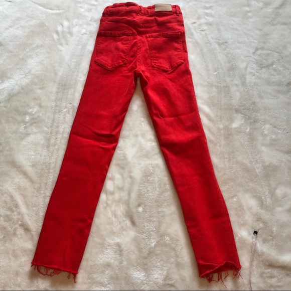ZARA Trf Red Straight Leg Jeans High Rise Ripped Raw Hem Size 2 - Picture 4 of 11